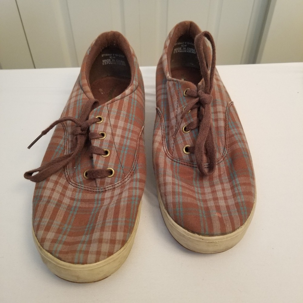 Grasshoppers Plaid Low Top Sneakers Brown Tan Blue Lace Up Casual Shoes 9.5W